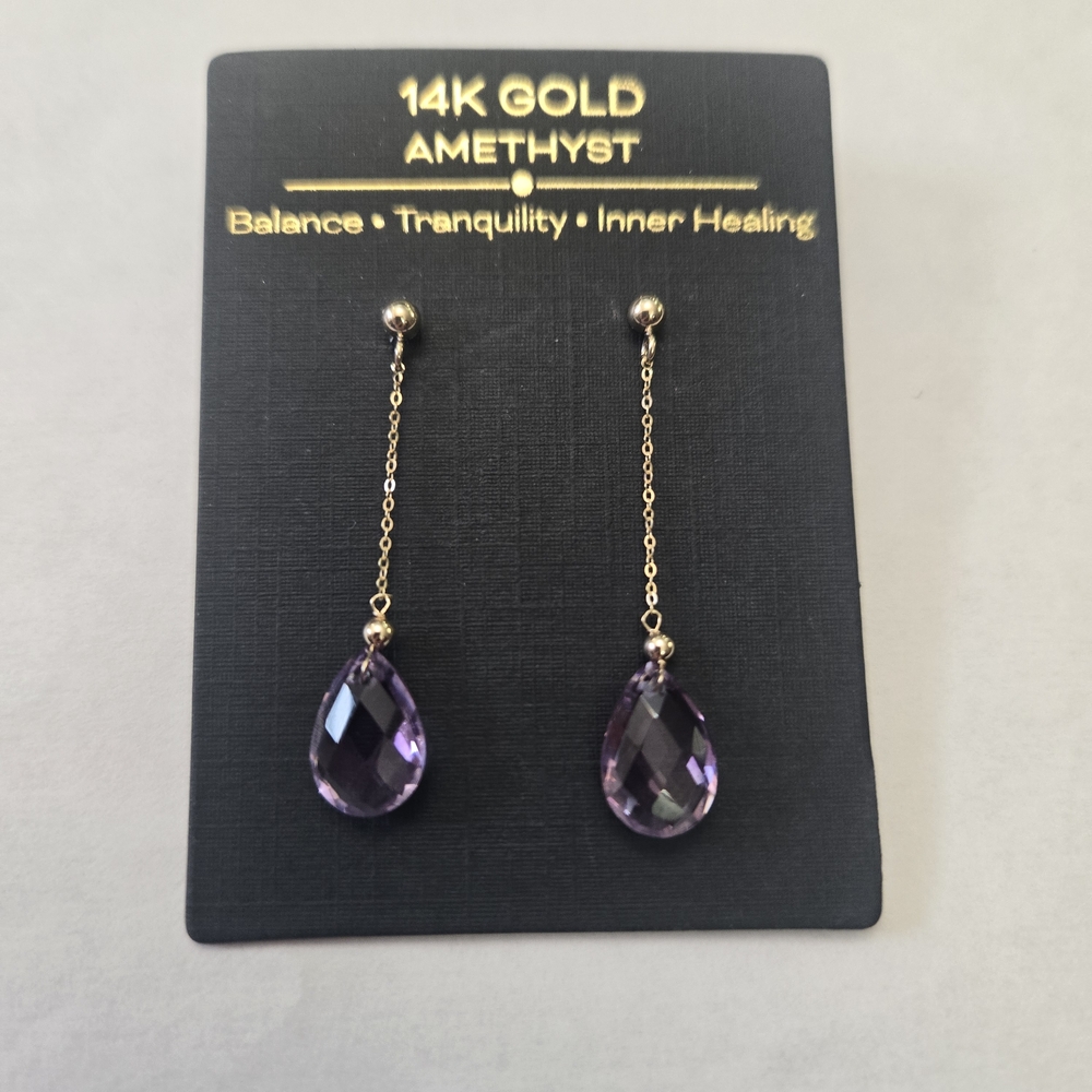 14K Solid Yellow Gold Semiprecious Amethyst Drop Earrings - - Picture 5 of 12